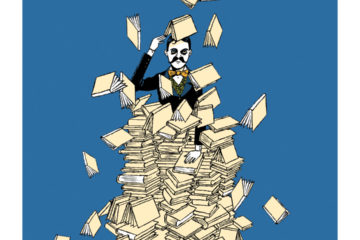 Dessin d'Eric Héliot montrant Proust sous les livres
